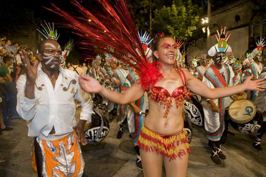 MONTEVIDEO, URUGUAY - JANUARY 31 2010 : A costumed carnaval participants in the annual national festival of Uruguay ,held in Montevideo Uruguay on January 31 2010 