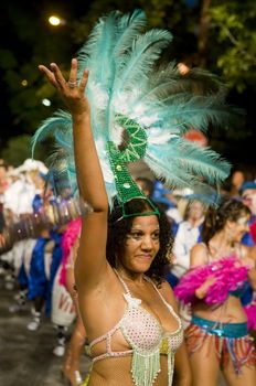 MONTEVIDEO, URUGUAY - JANUARY 31 2010 : A costumed carnaval participant in the annual national festival of Uruguay ,held in Montevideo Uruguay on January 31 2010 