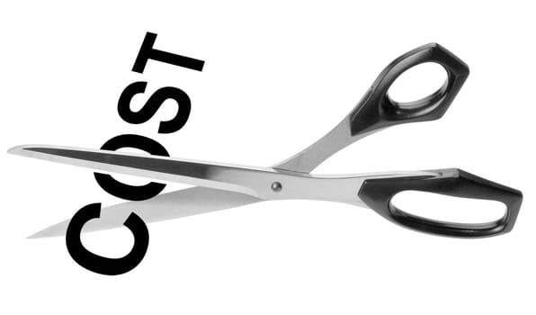 scissors cutting the word "cost" on white, isolated with clipping path