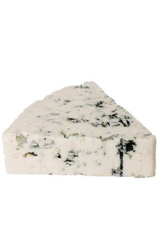 Slice of the Danish blue cheese with a mould on a white background.