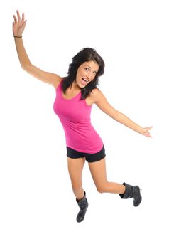 attractive hispanic woman acting goofy on a white background