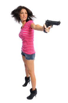 hispanic woman with a gun showing hair fly on a white background