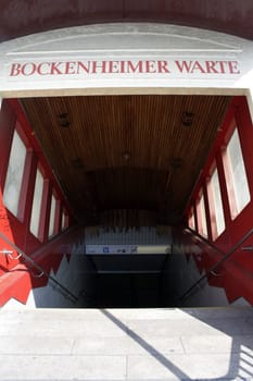 The entrance of the Bockenheimer Warte tube station in Frankfurt, Hesse, Germany.