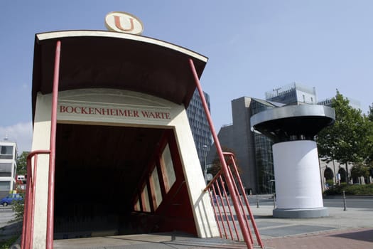 The tube station Bockenheimer Warte in Frankfurt, representing an old tram stuck in the street.