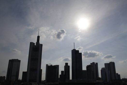 The sunset skyline in Frankfurt, Hesse, Germany.