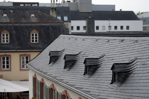 Slate dormer windows on a german building.