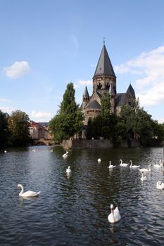 The Temple Neuf on its island in the Moselle in Metz, Lorraine, France.