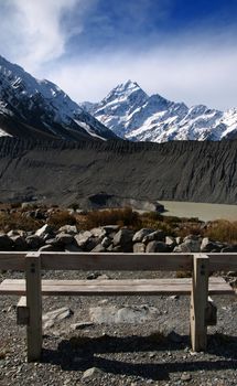 Park Bench looking out to Mount Cook in New Zealand.