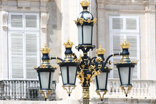 Madrid - Royal Palace lamppost detail. Palacio de Oriente, Madrid landmark, Spain.