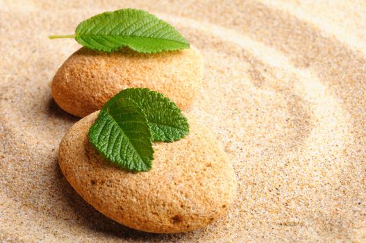 zen or spa concept with stone leaf and sand