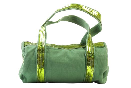Green textile female handbag. Isolated on white background
