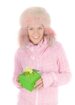 Beautiful woman in pink fur hat, isolated on white