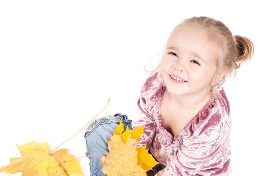Shot of toddler playing with muple leaves in studio