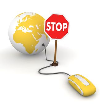 yellow computer mouse is connected to a yellow globe - surfing and browsing is blocked by a stop sign that cuts the cable