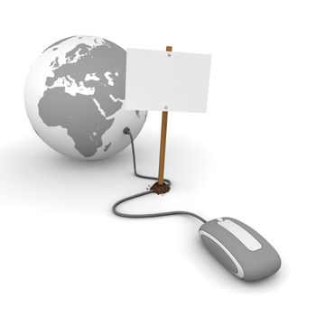 grey computer mouse is connected to a grey globe - surfing and browsing is blocked by a white rectangular sign that cuts the cable - empty template