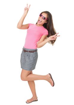 Funny woman dancing showing victory hand sign wearing cheap red sunglasses. Asian / Caucasian model isolated on white background in full length. 