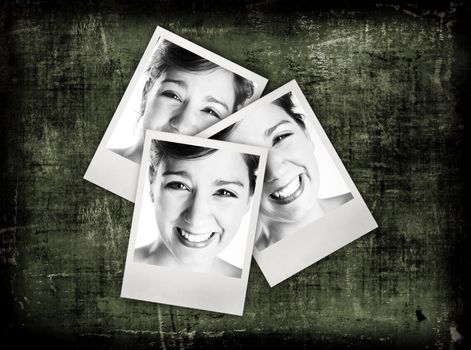 Picture collage made with 3 photos from the same woman on grunge background