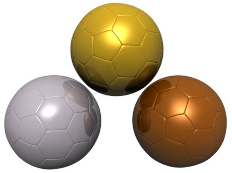 Gold, Silver, Bronze Soccer ball isolated on white background