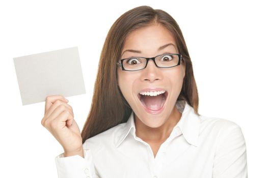 Woman showing blank sign excited, Young casual professional with glasses showing empty card sign. Portrait of surprised Asian / Caucasian female model isolated on white background. 