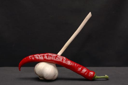 Head of garlic and red chili pepper on dark background