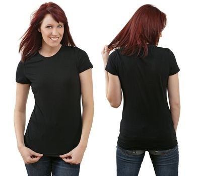 Young beautiful redhead female with blank black shirt, front and back. Ready for your design or logo.