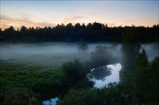 Early morning. Early in the morning the fog hangs on a green meadow about the river.