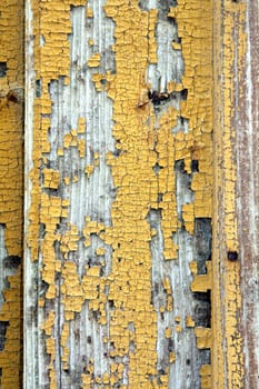 Close view of the texture of and old door, with the paint chipped and peeled.