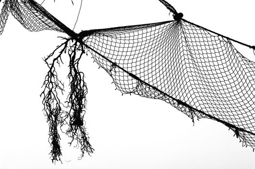 Old fishing Net, black on white, Limenaria on Thasos Island, Greece.