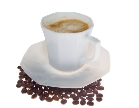 White cup of coffee with coffee grains