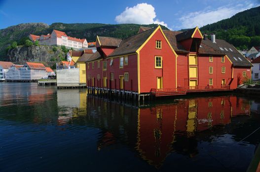 Old, Harbor-side wooden buildings. Bergen, Norway