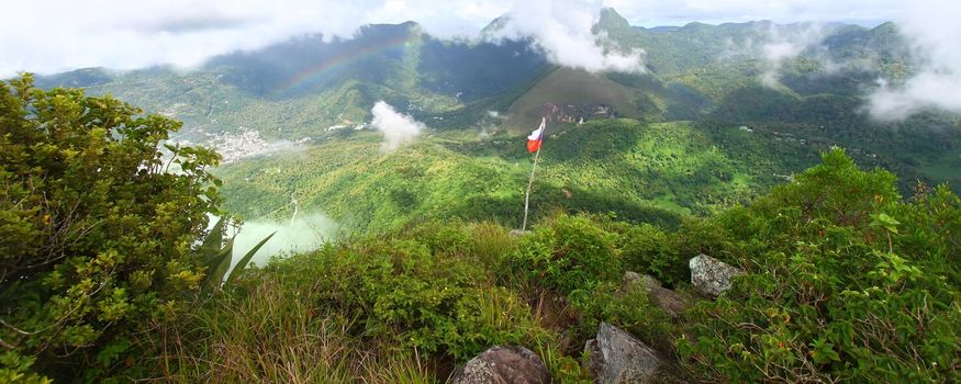 View of Soufriere from the cloud covered summit of the Petit Piton - St Lucia.