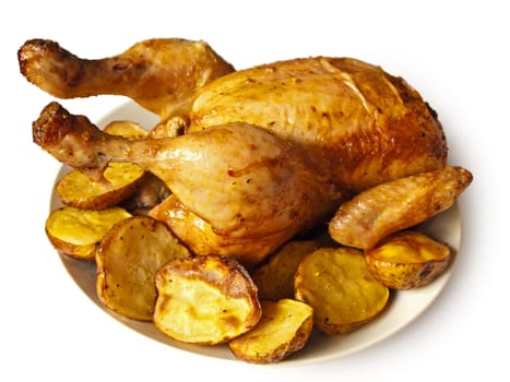 Baked chicken with potatoes over white background 