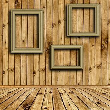 Photo of empty natural wooden interior with empty frames at wall 