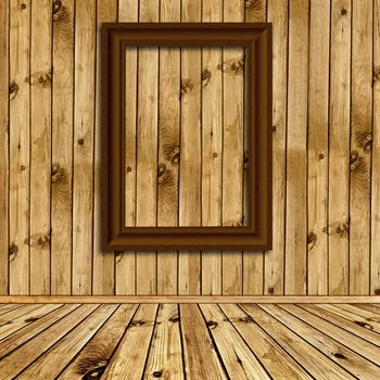 Photo of empty natural wooden interior with empty frame at wall 