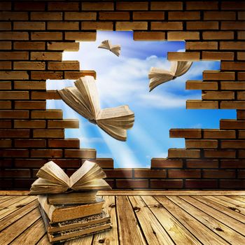 education concept: opened books flying through brick wall hole into blue sky  