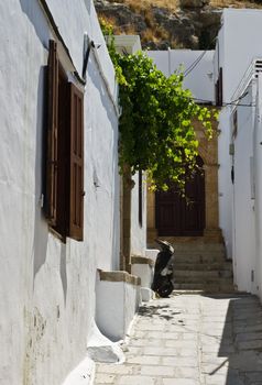 Steep passages of Lindos on Rhodes Island, Greece.