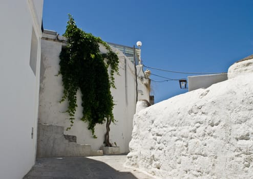 Steep passages of Lindos on Rhodes Island, Greece.