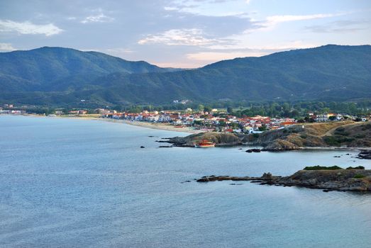 Twilight in Sarti, one of the most popular villages for summer vacation in Sithonia, Halkidiki, Greece.