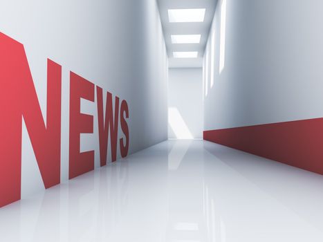 Rendering of a red news text in a white corridor