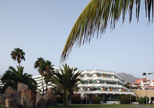 Big hotel with palms and stones around on Costa Adeje, Tenerife