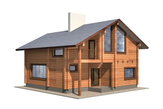 Residential house of wooden timber. 3d model render. Isolation on white background. Real estate