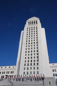 Los Angles City Hall Tower with Row of USA Flags