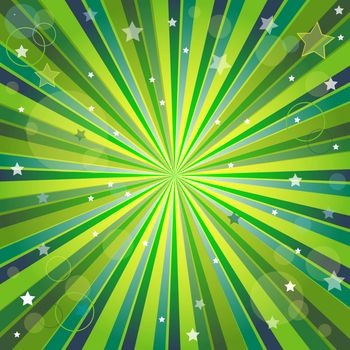 Abstract green and yellow background with rays, stars and balls 