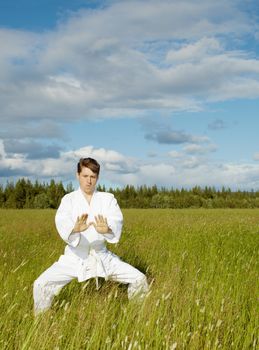 The young man is training in Wushu outdoors