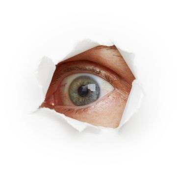 Voyeurism - eye spies through a hole. white background