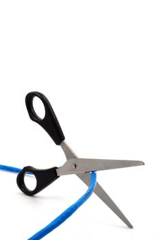 network cable and scissors isolated on white background