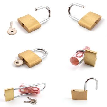 money and padlock collection isolated on a white background