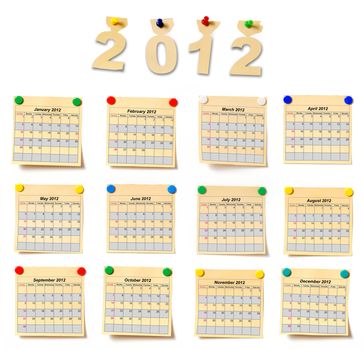 calendar on set note 2012. Paper a note attached to a wall buttons, it is isolated on a white background