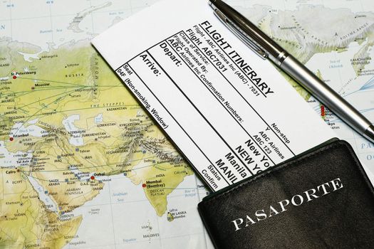 Travel documents with online booking e-receipt with passport