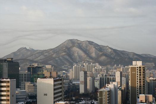 Cluster of apartments in Anyang Korea in winter season early morning shot.